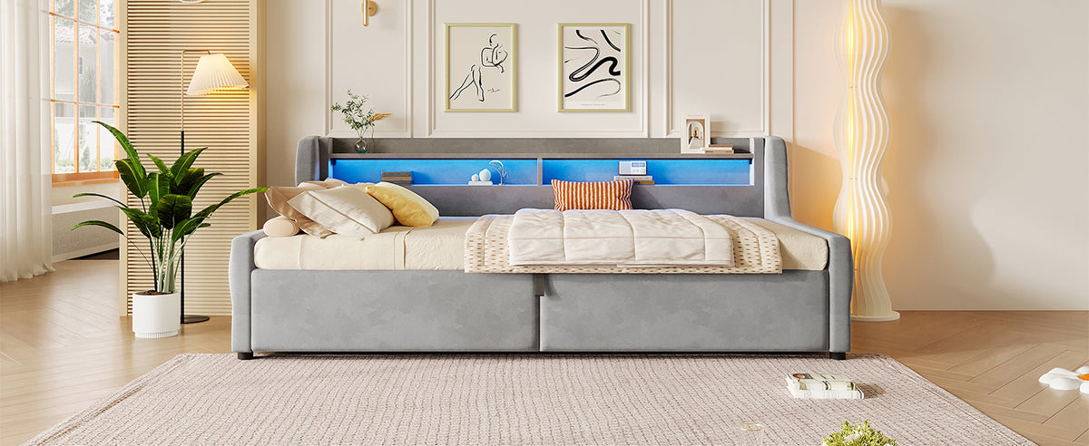 Platform Bed 90x200, Hydraulic Storage & LED, Grey Velvet