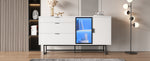 Sideboard Buffet Cabinet with 3 Drawers, Glass Doors and LED Lights, White Wood