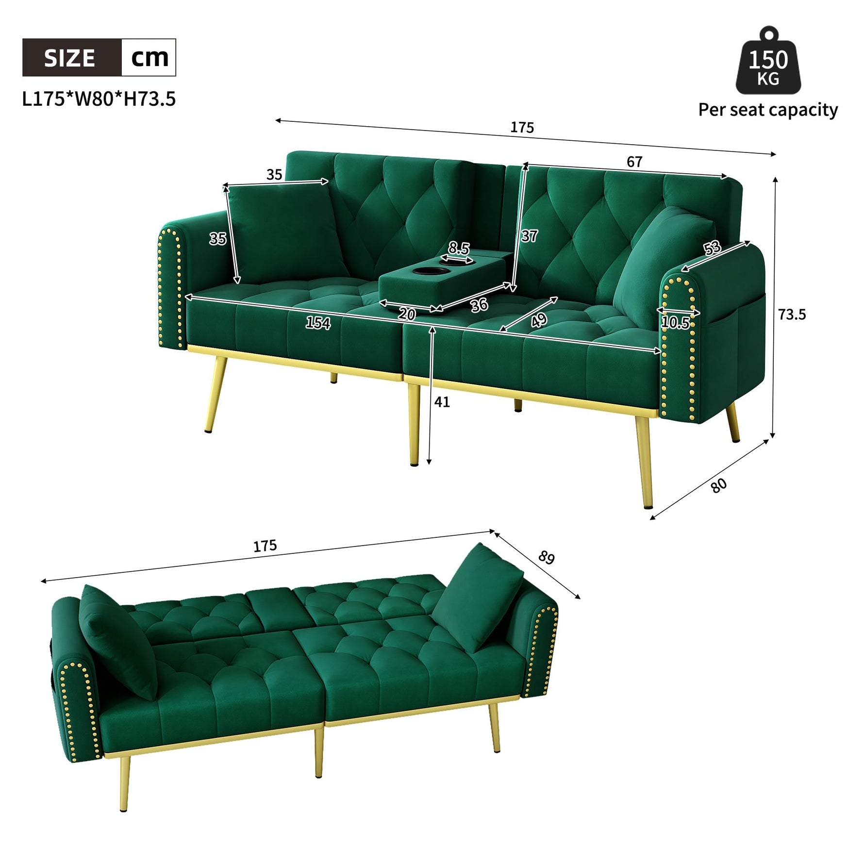 Double Fold-out Sofa Bed Reclining 3-Angle Cup Holders - Fabric Green
