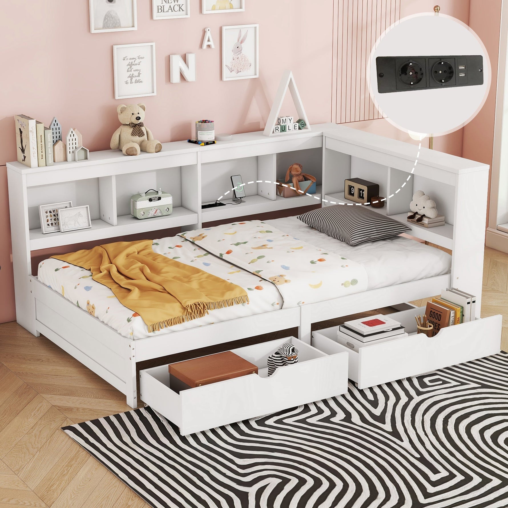Daybed Sofa Bed 90x200cm 2 Drawers Power Outlet USB - White Chipboard