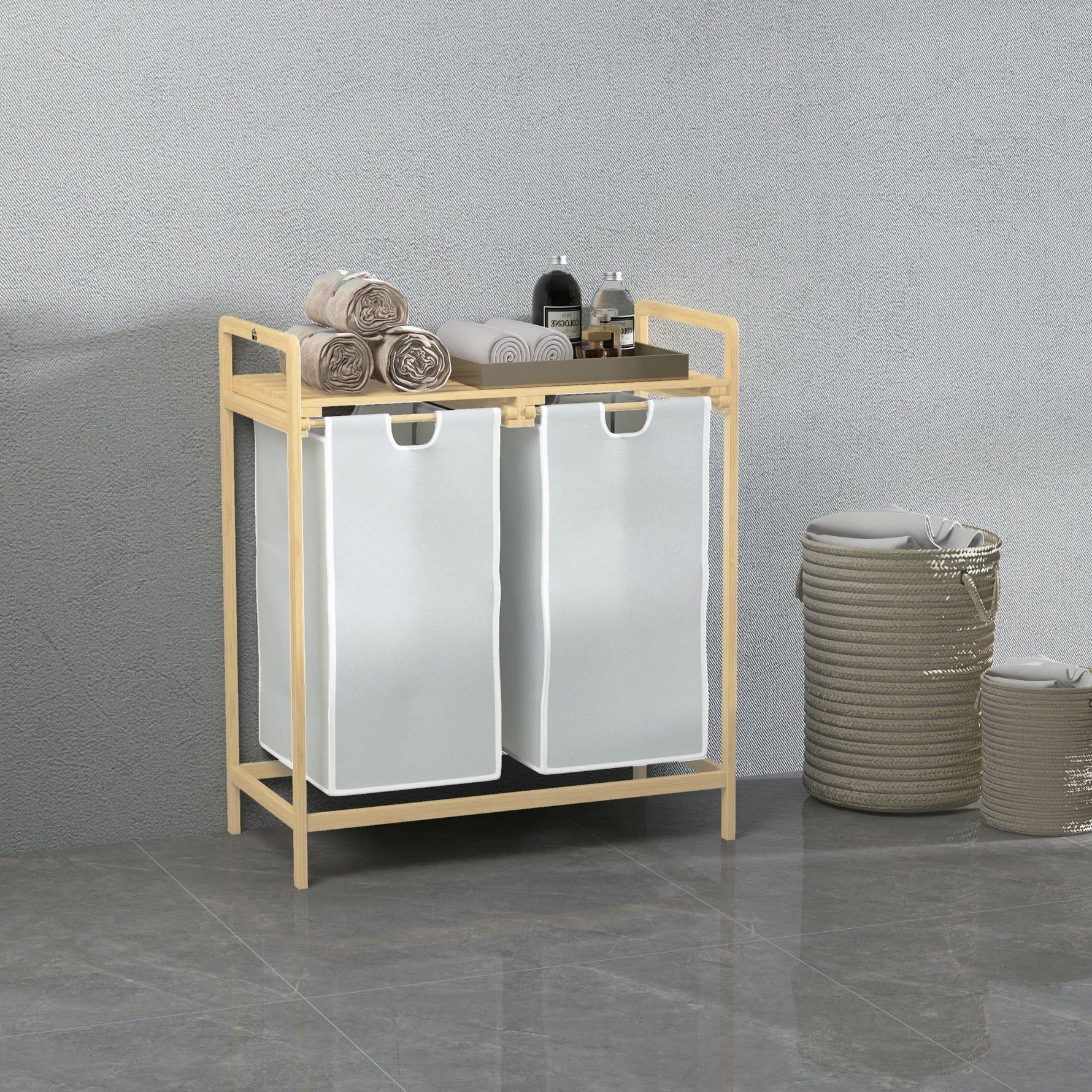 Laundry Basket with 2 Removable Bags, Bamboo Cream