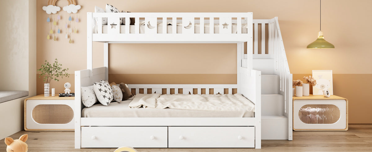 Children's Bunk Bed with Safety Stairs & Drawers, White