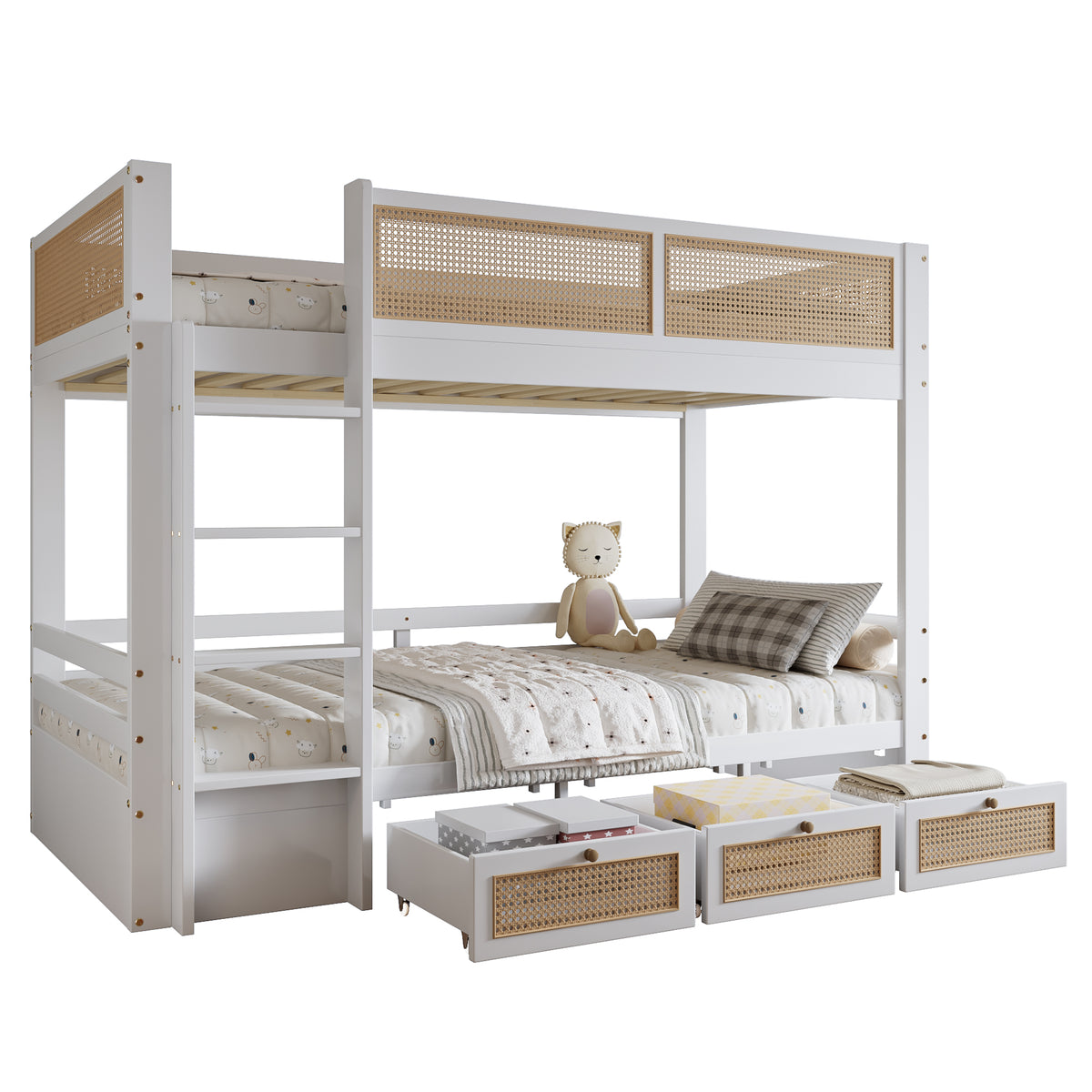 Children's Bunk Bed with 3 Drawers & Rattan Railing, White Pine Wood