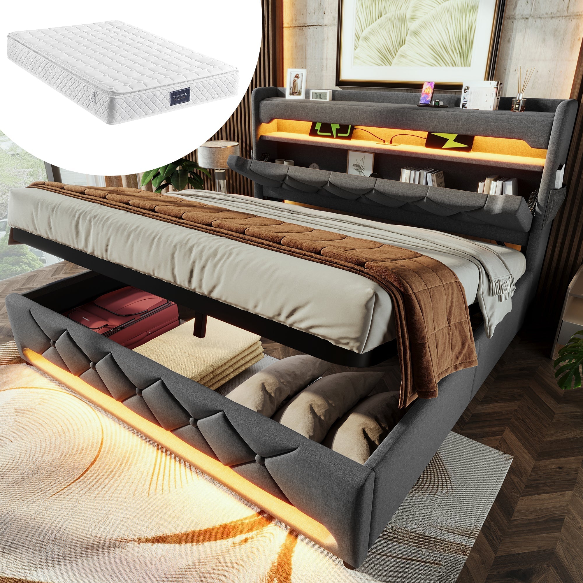 Upholstered Double Bed 160*200, Storage Headboard with USB & Type-C, Hydraulic Storage, Gray Linen
