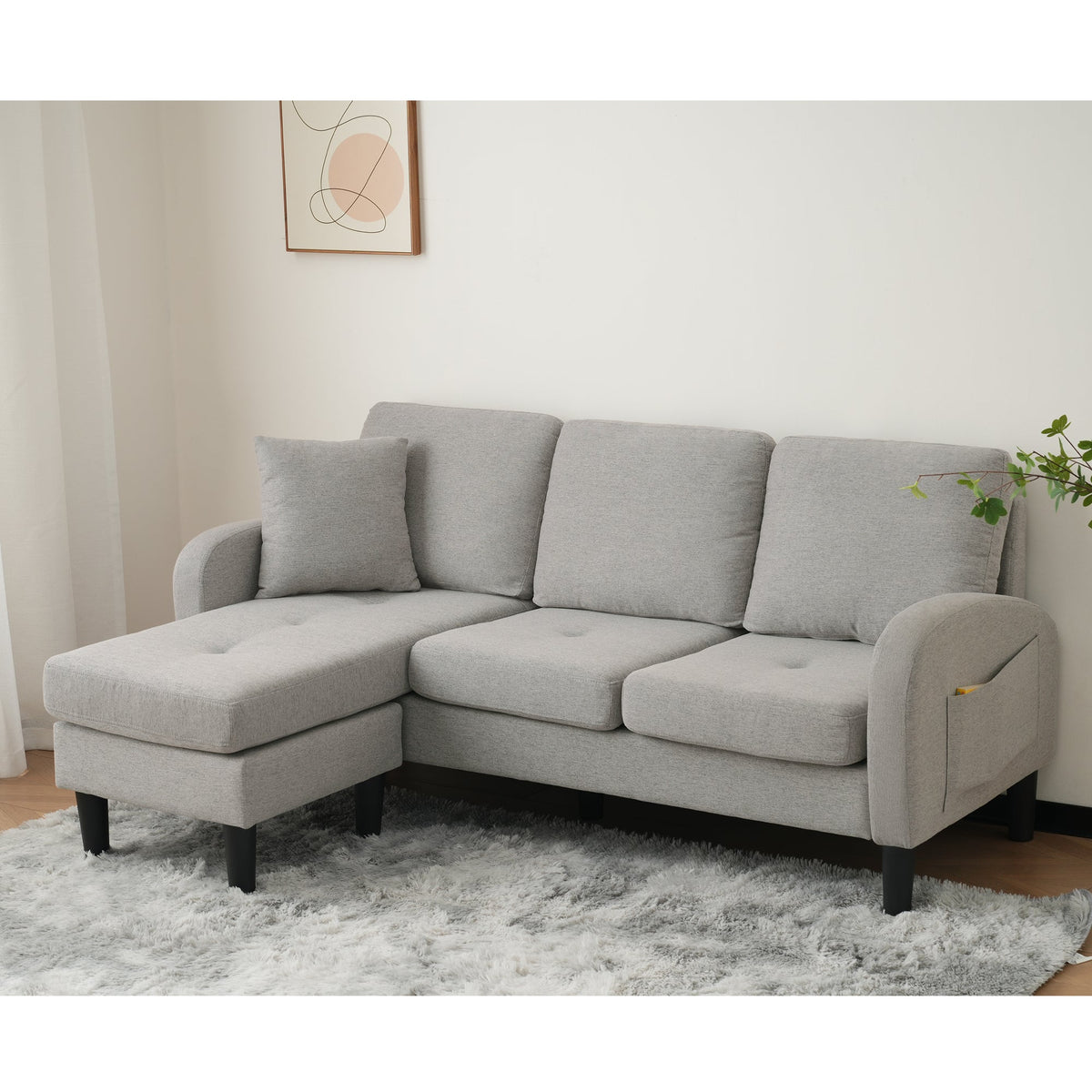 L-shaped Corner Sofa 3-Seater Chaise Longue Modular - Cotton-Linen