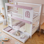 Bunk Bed, Children's with Windows, Curtains, Safety Gate & Storage, Pine + MDF, White + Pink