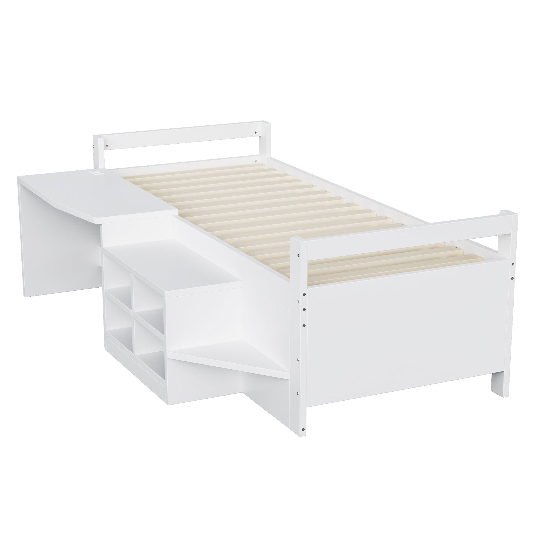 Children's Bed 90x200cm, Storage & Desk with Sockets, Wooden White