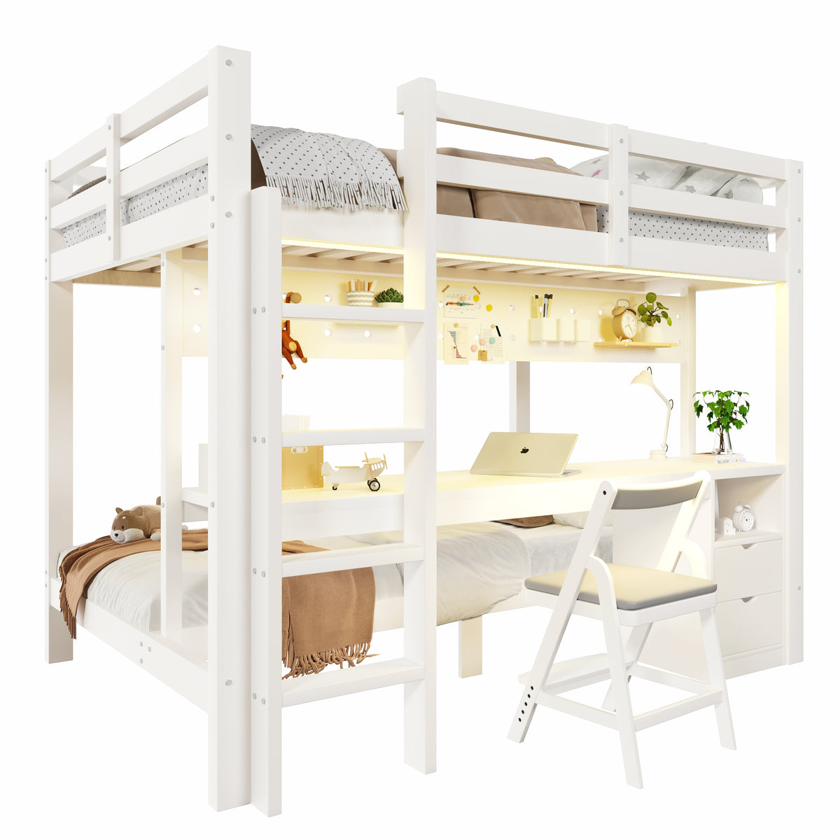 Loft Bed with Desk and Drawers, 90x200 & 140x200 cm, Pine Wood