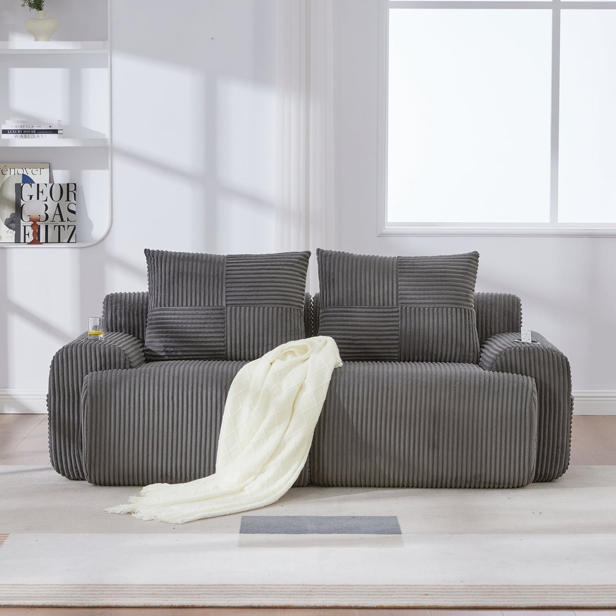 Modular Corduroy 2-Seater Sofa with Cup Holder and Storage Pocket, Dark Grey