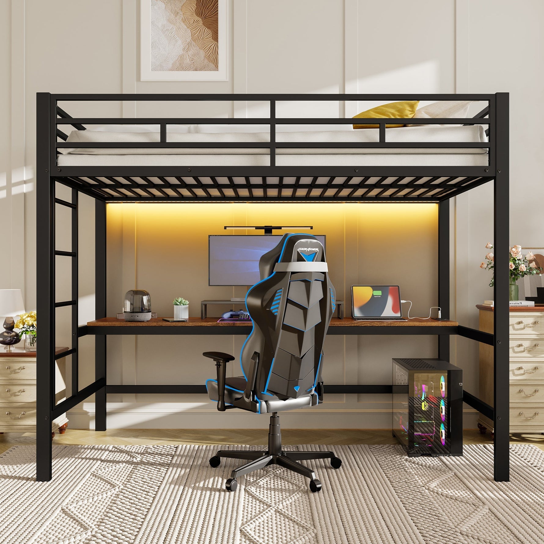 Loft Bed with Desk, USB, Power Outlets and App-Controlled LED Lights, 90x200cm, Black Metal