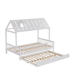 House Bed, Trundle Bed with Chimney, 3-Sided Rail, Pine+MDF, White