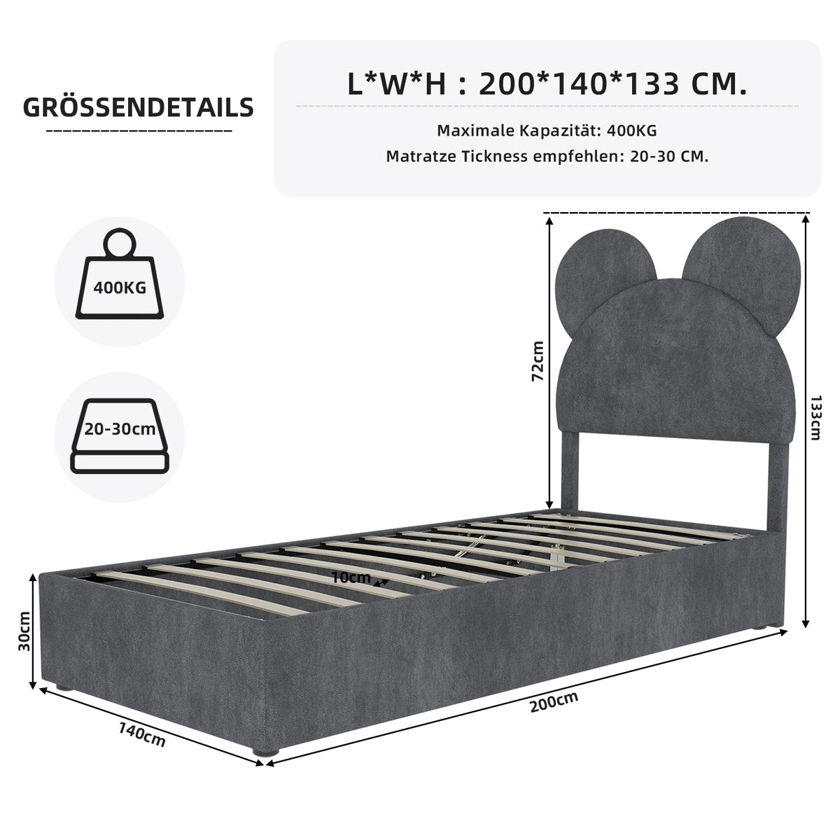 Modern Minimalist Upholstered Bed with Cartoon Headboard, 140x200 cm, Grey