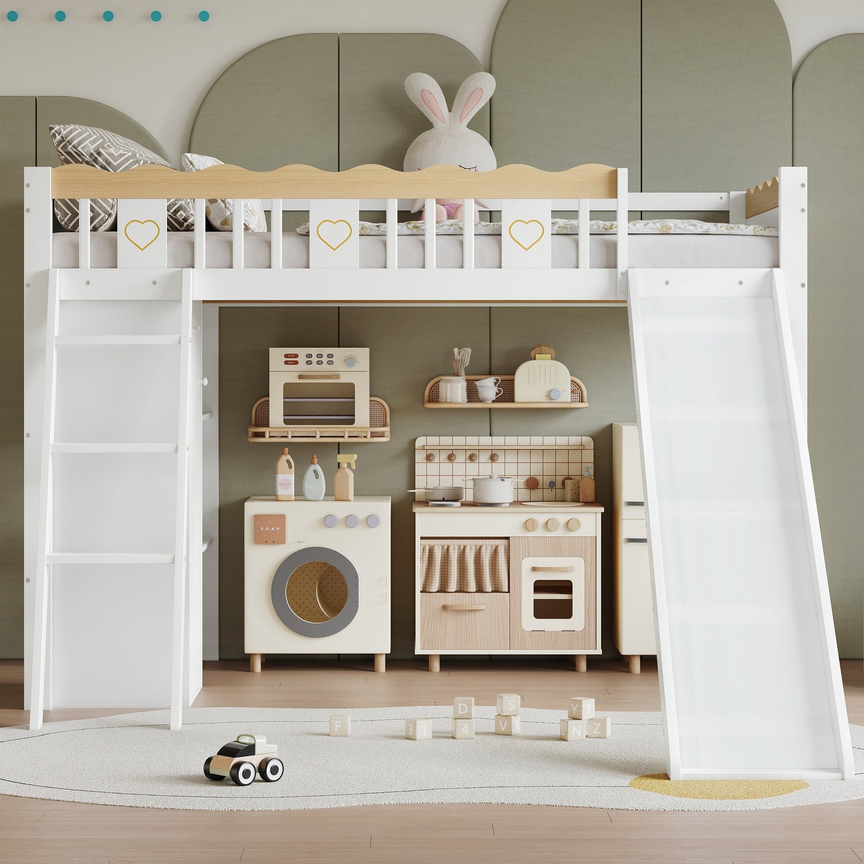 Loft Bed with Slide & Storage, Pine + MDF + Plywood, White + Natural