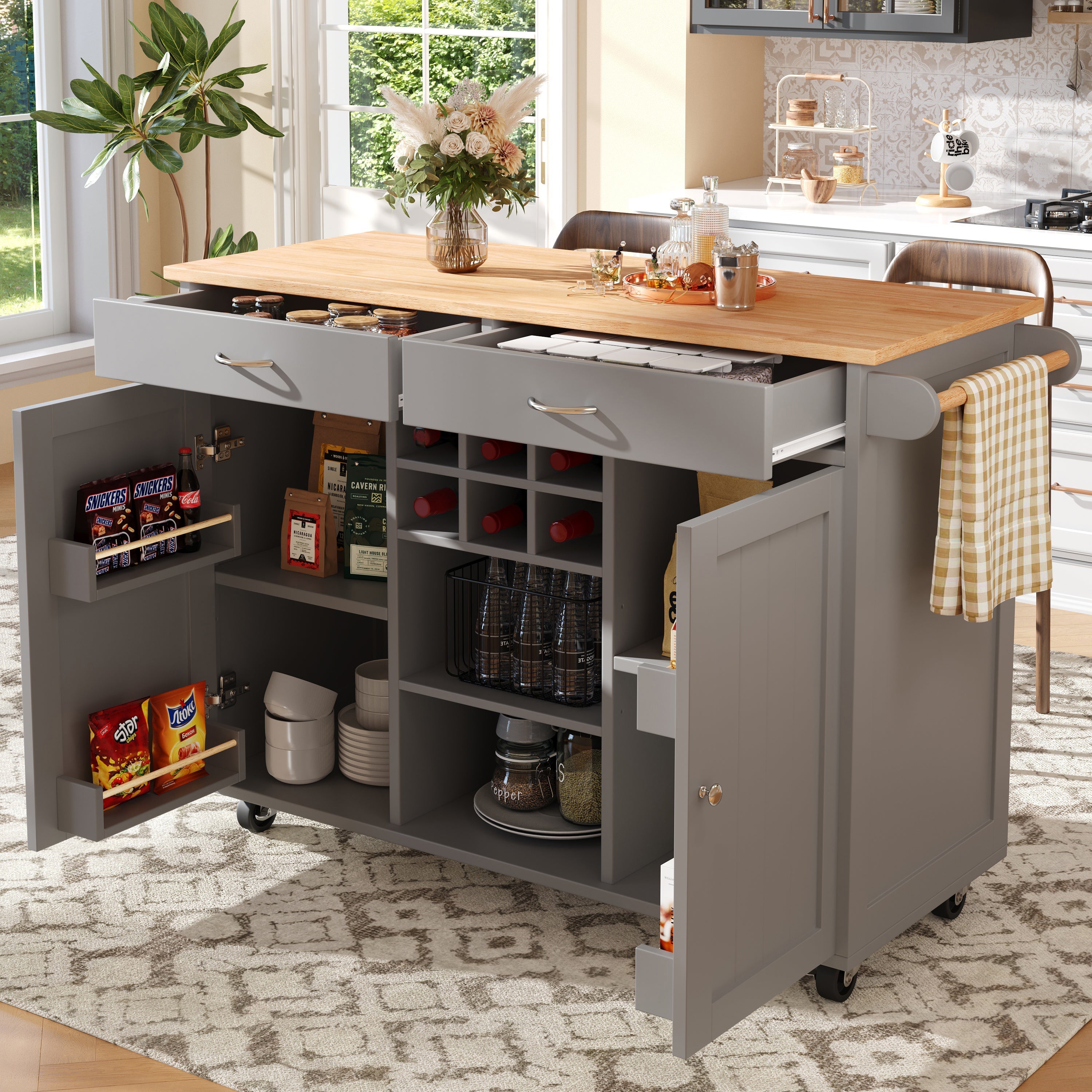 Kitchen Island Multifunctional Dining Table Storage Wood Grain - Grey