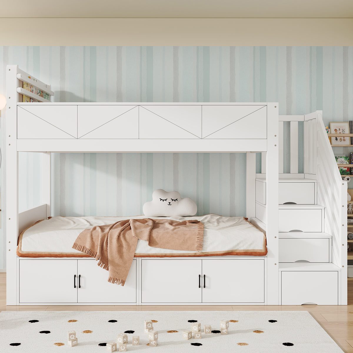 Bunk Bed 90x200 cm with Storage Stairs & Bookshelf, White