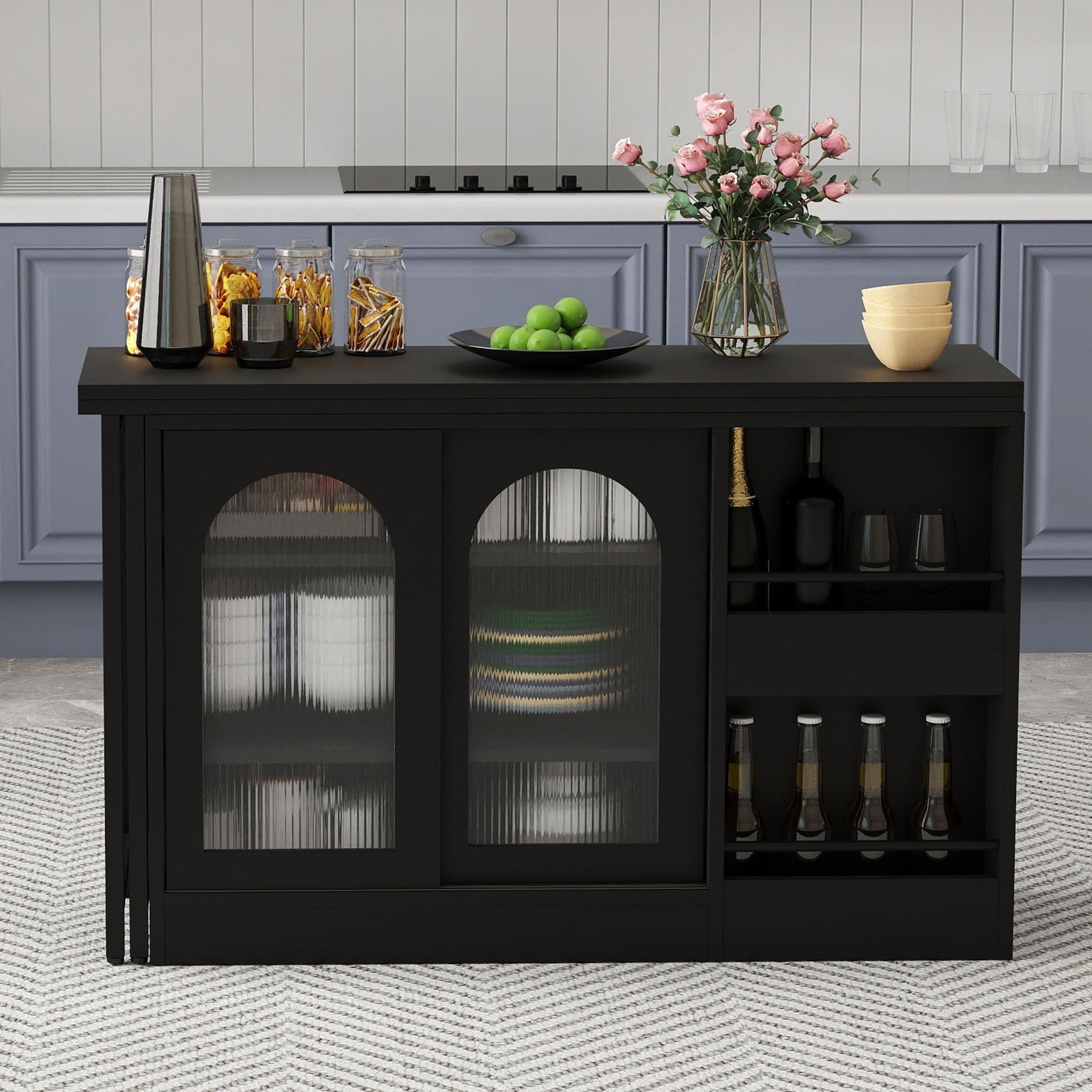 Bar Table, Extendable 360° Rotating with Storage & Glass Cabinet, Black
