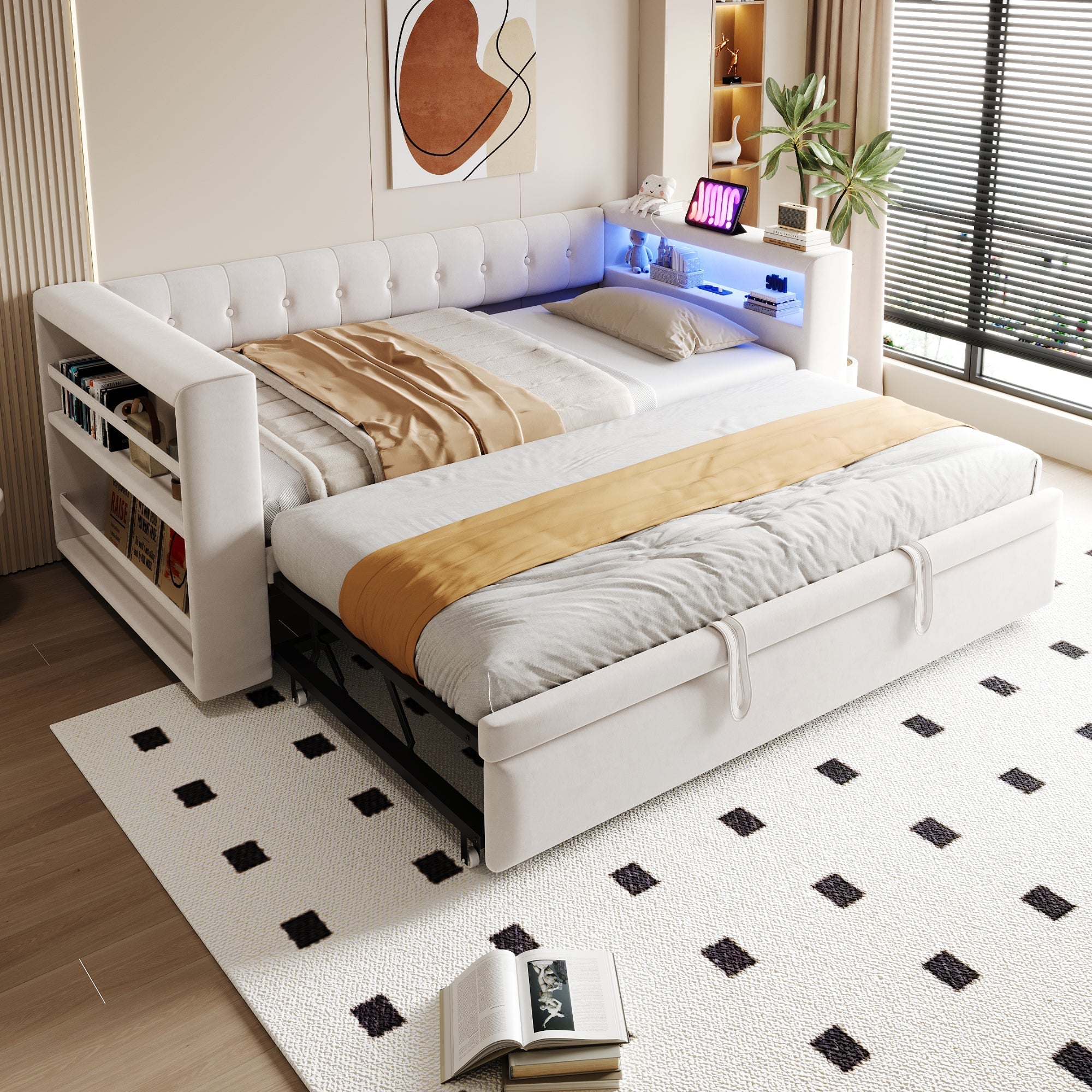 Multifunctional Upholstered Sofa Bed with LED Lighting, Power Outlets and Ample Storage, 90/180x190cm, Beige