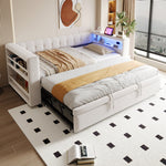 Multifunctional Upholstered Sofa Bed with LED Lighting, Power Outlets and Ample Storage, 90/180x190cm, Beige