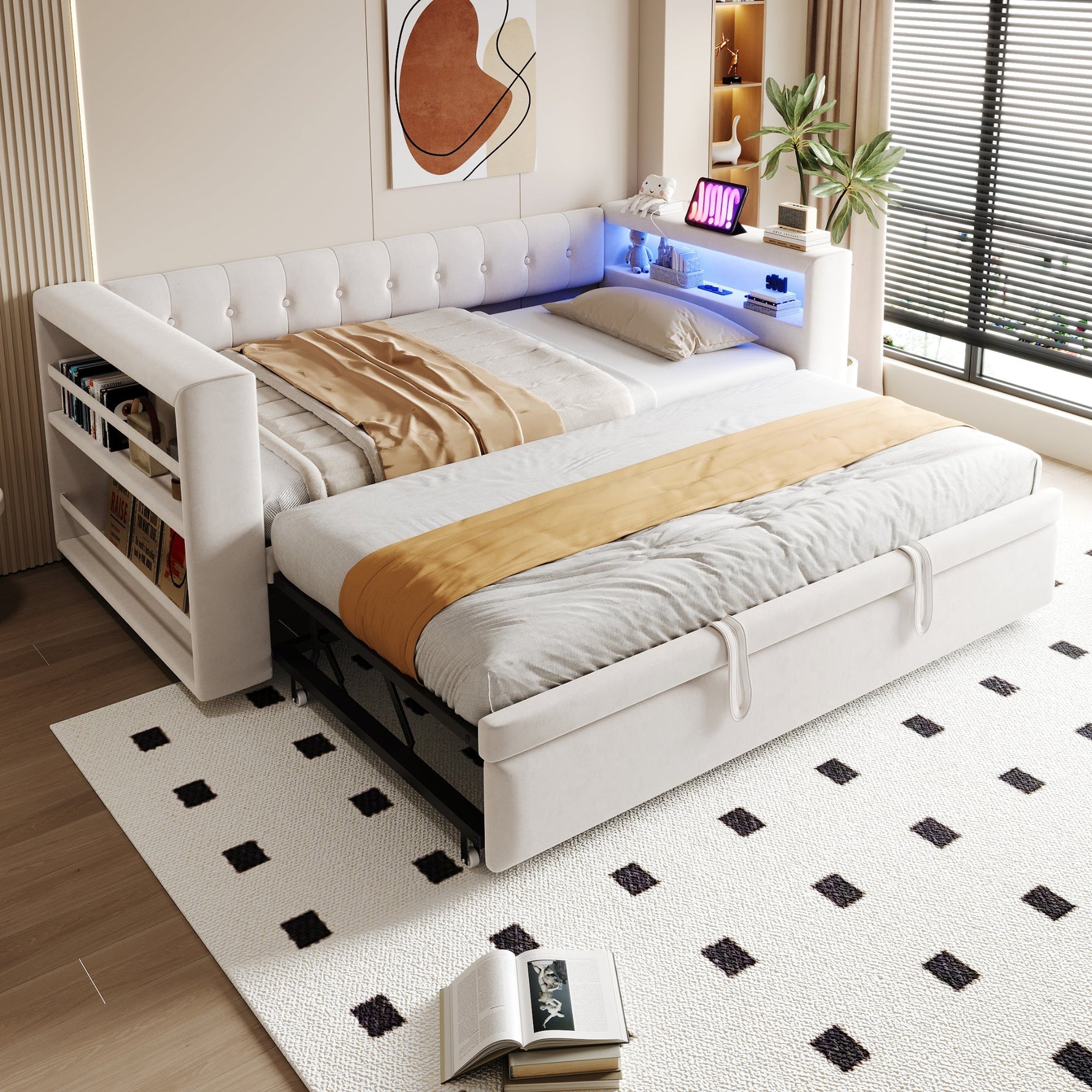 Multifunctional Upholstered Sofa Bed with LED Lighting, Power Outlets and Ample Storage, 90/180x190cm, Beige