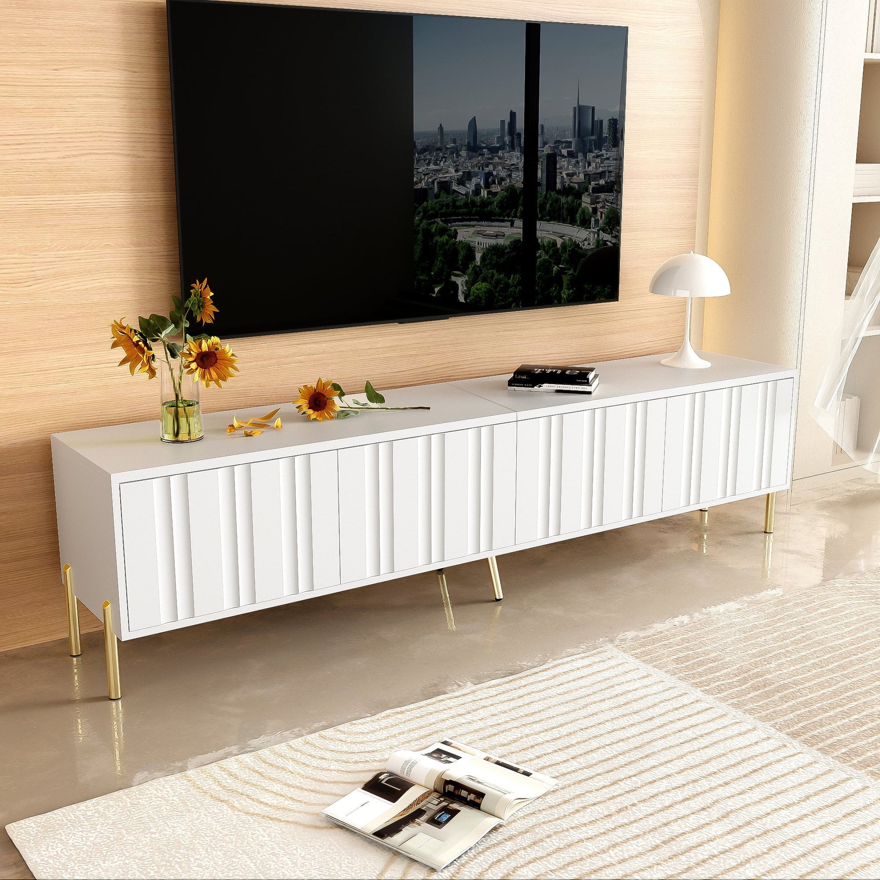 TV Cabinet 190cm Grooved Door Gold Legs - White
