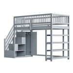 Loft Bed with Wardrobe, Shelves, Storage, Ladder, 90 x 200, Solid Wood, Grey
