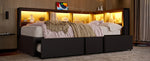 Metal Daybed with Pull-out Bed, Storage Cabinets, LED Lighting and USB Ports, 90x200cm, Black Metal