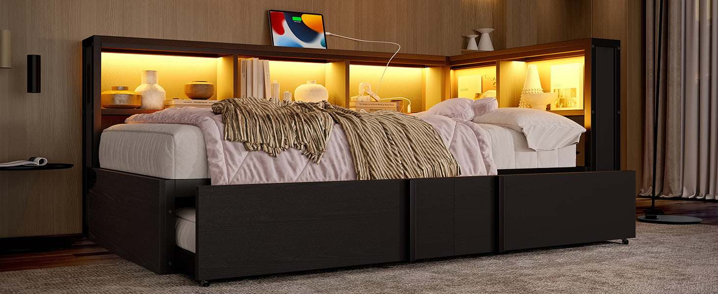 Metal Daybed with Pull-out Bed, Storage Cabinets, LED Lighting and USB Ports, 90x200cm, Black Metal