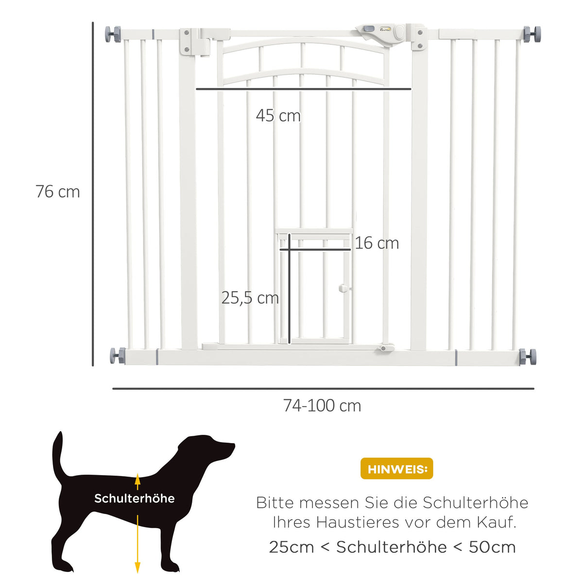 Stair Gate for Dogs, Automatic Closing, Cat Flap, Drill-Free, 74-100cm, White