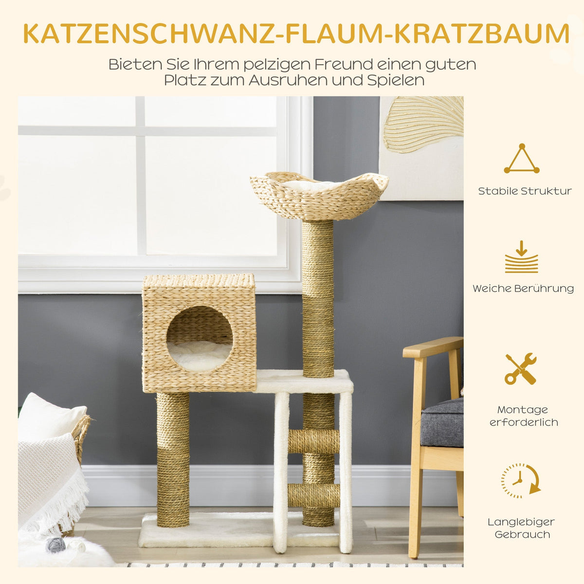 Cat Tree, 100.5 cm High, Cat Cave, Bed, Stairs, Sisal, Natural