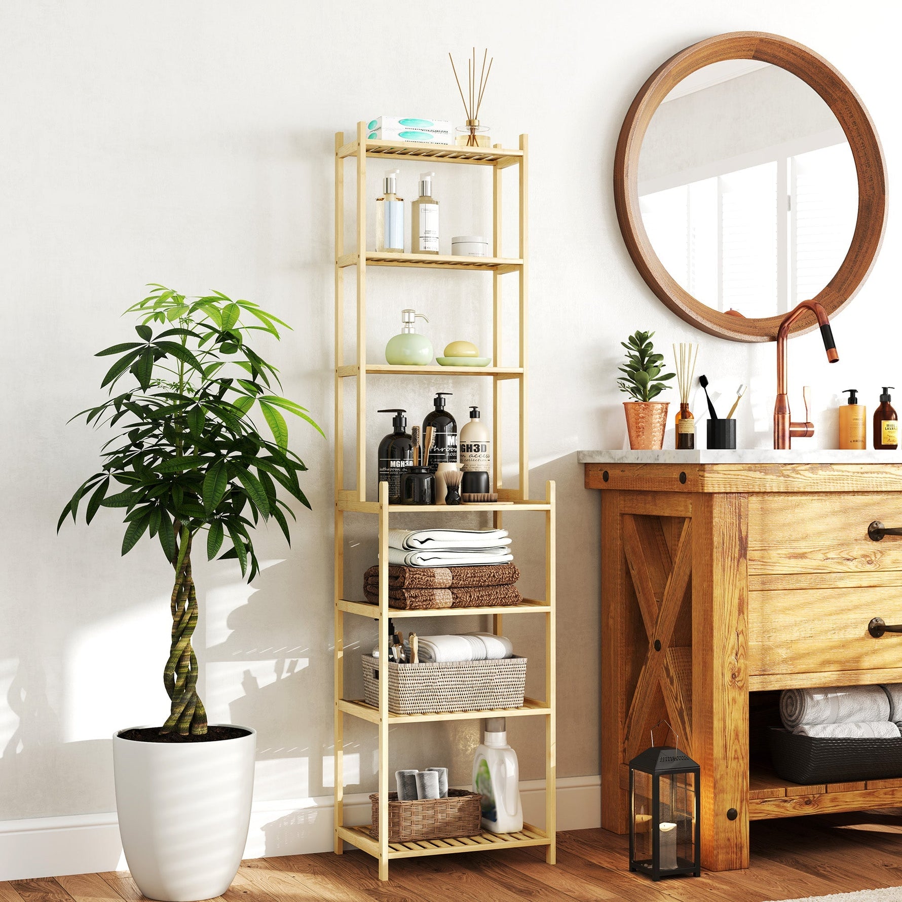 Bathroom Shelf, 7-Tier Storage Rack, Natural Bamboo