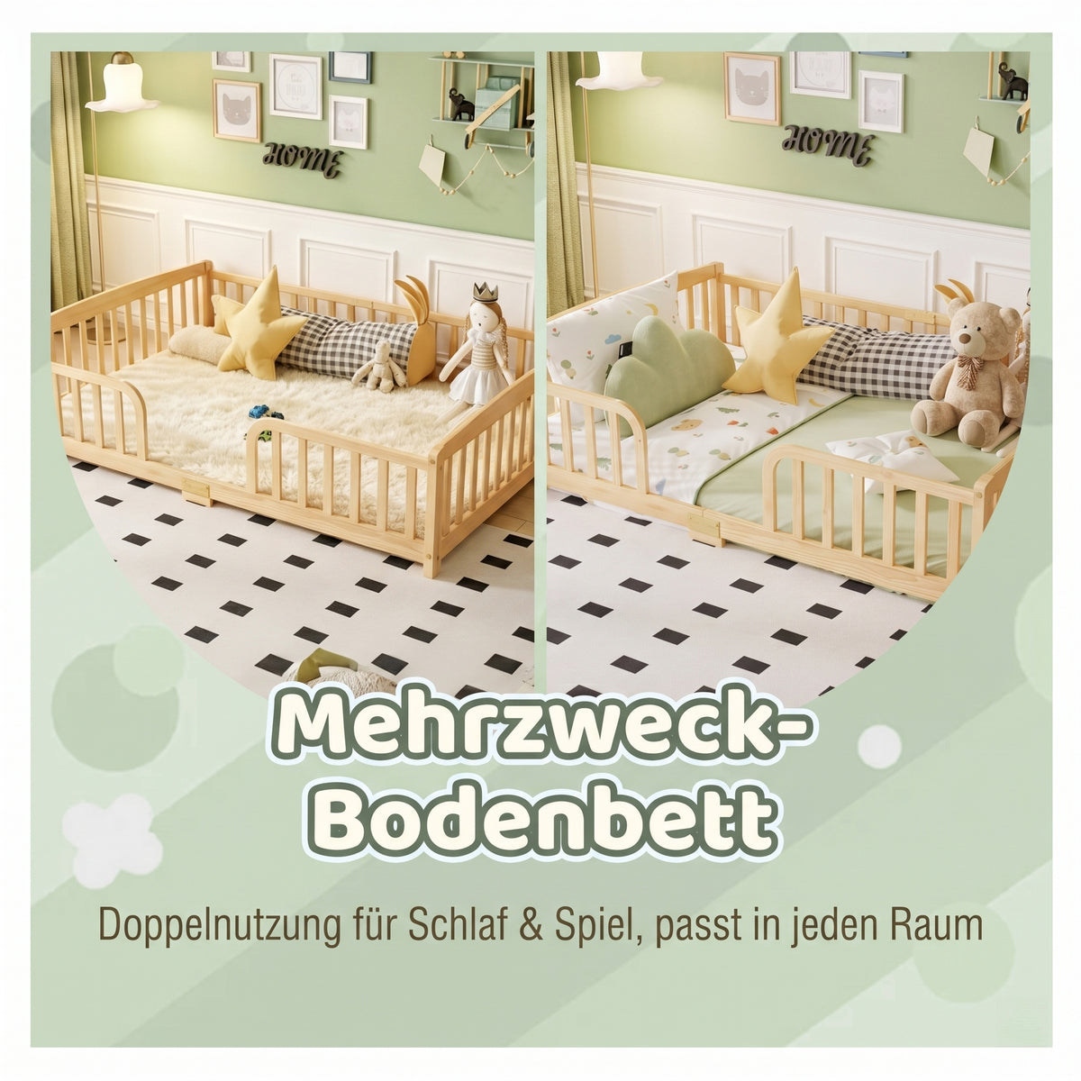 Floor Bed 140x200cm with Safety Railings, Natural Pine Wood