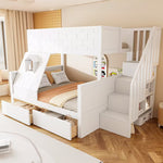 Bunk Bed with Safety Ladder, Drawers and Window, 90x200cm and 140x200cm, Solid Wood
