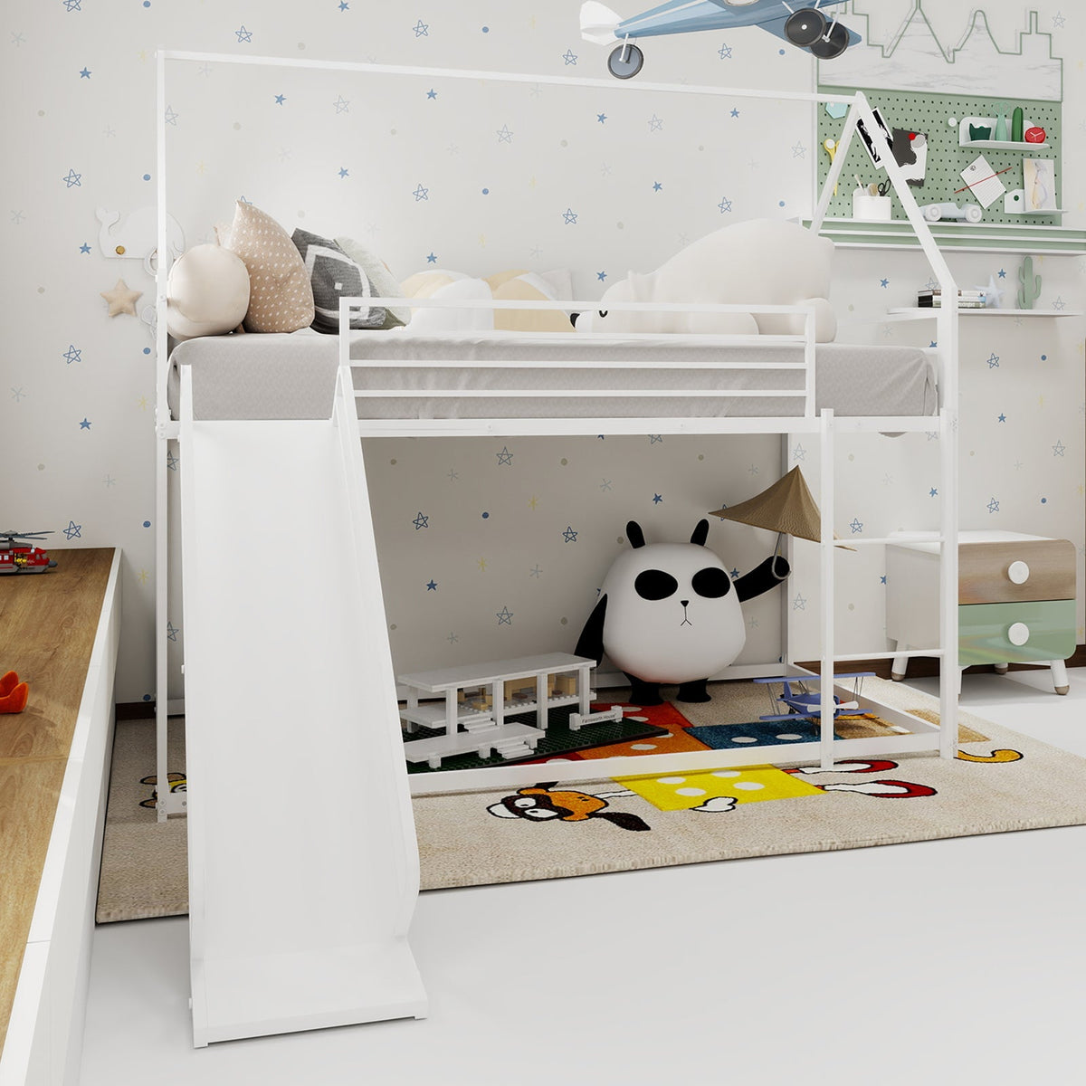 Twin over Twin Bunk Bed, House Shaped with Slide & Ladder, Metal