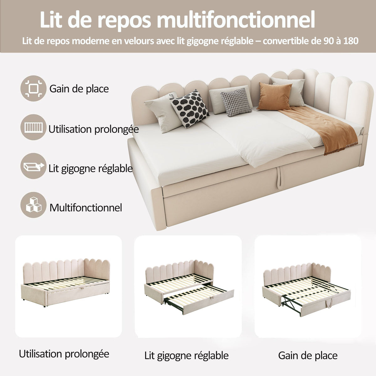 2-in-1 Sleeper Sofa L-Shaped Multifunctional Bed 90/180x200cm Velvet Beige