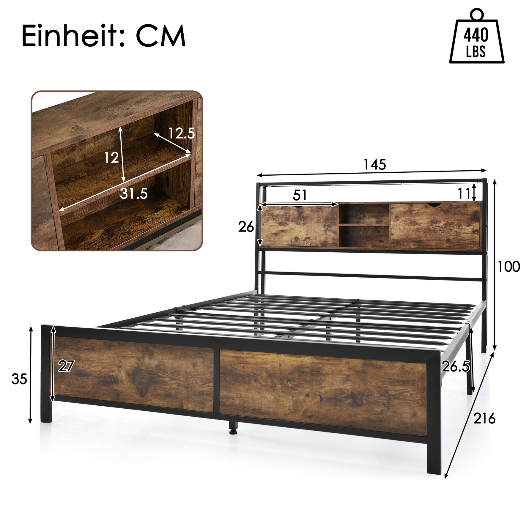 Metal Bed, Double 140 x 200 cm, Storage Headboard, Metal Slatted Frame