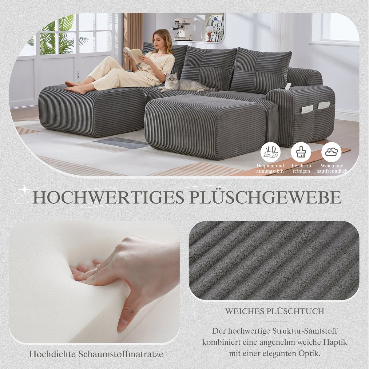 Modular Corduroy Sofa - 3-Seater with 2 Ottomans, Cup Holders, Storage Pocket - Dark Grey