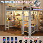 Loft Bed 90x200cm with Desk, Shelves & LED, White Iron Frame