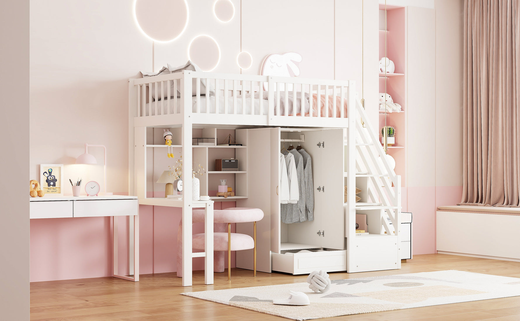 Loft Bed with Wardrobe, Shelf, Table & Storage Stairs, Wooden, White