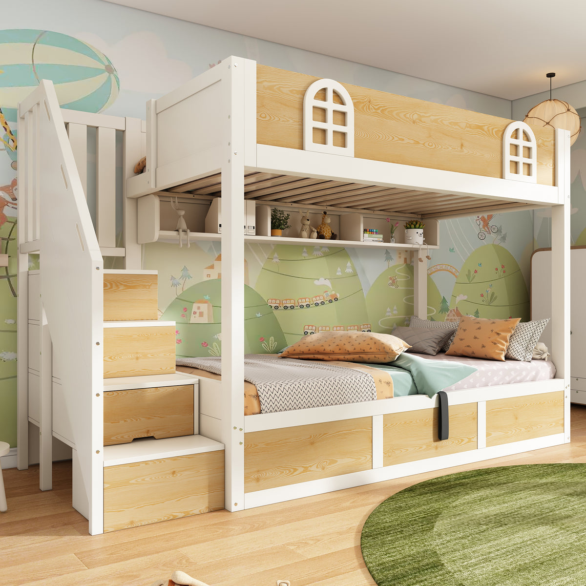Children's Bunk Bed 90x200cm with Storage Staircase, White & Natural