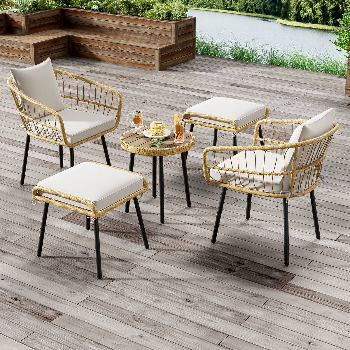 5-Piece Garden Lounge Set with Table, Chairs & Stools, Natural Rattan