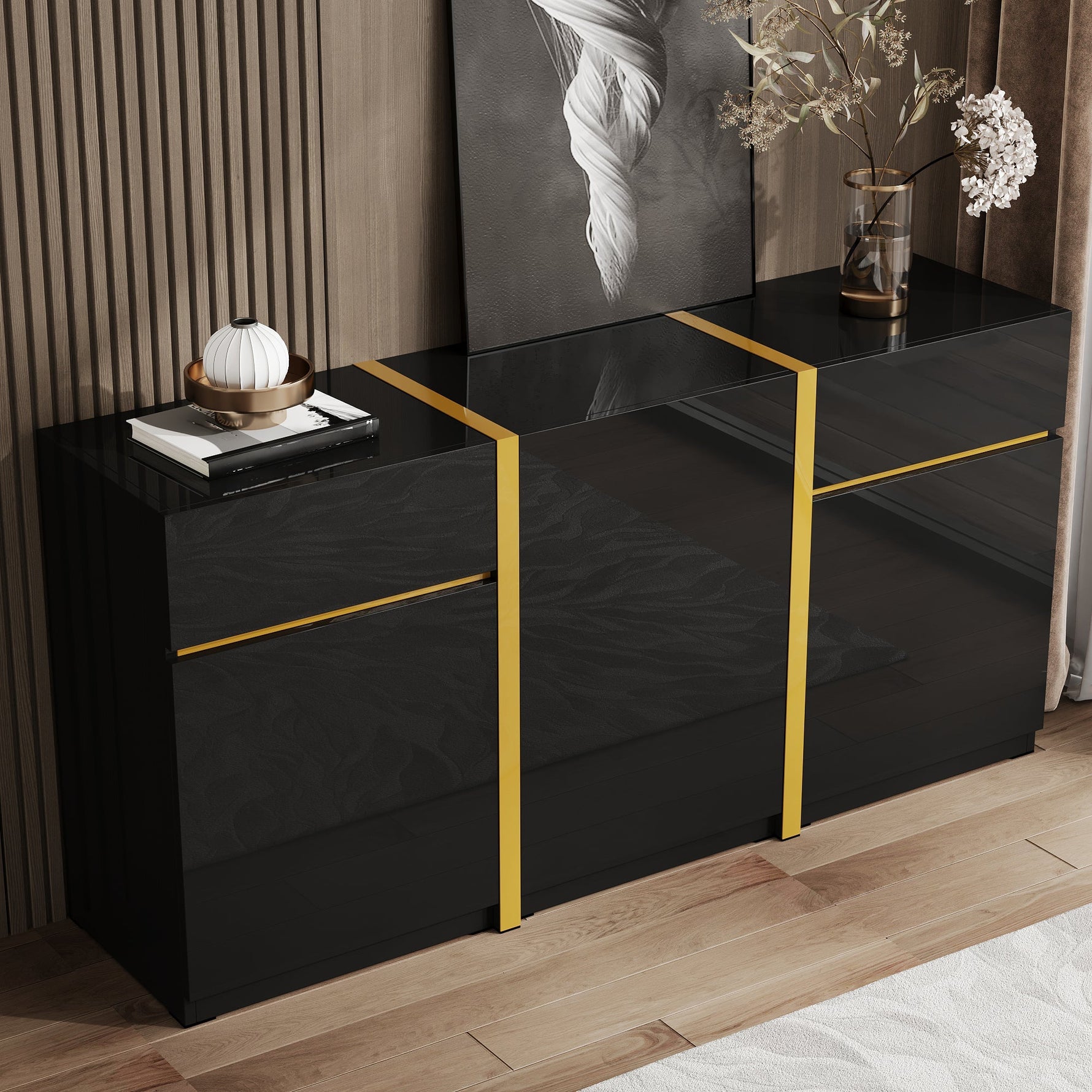 Luxurious Sideboard with 3 Doors and 2 Drawers, High-Gloss Lacquer Finish