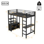 Loft Bed 90x200cm with Desk, Outlets & Shelves, Black Iron