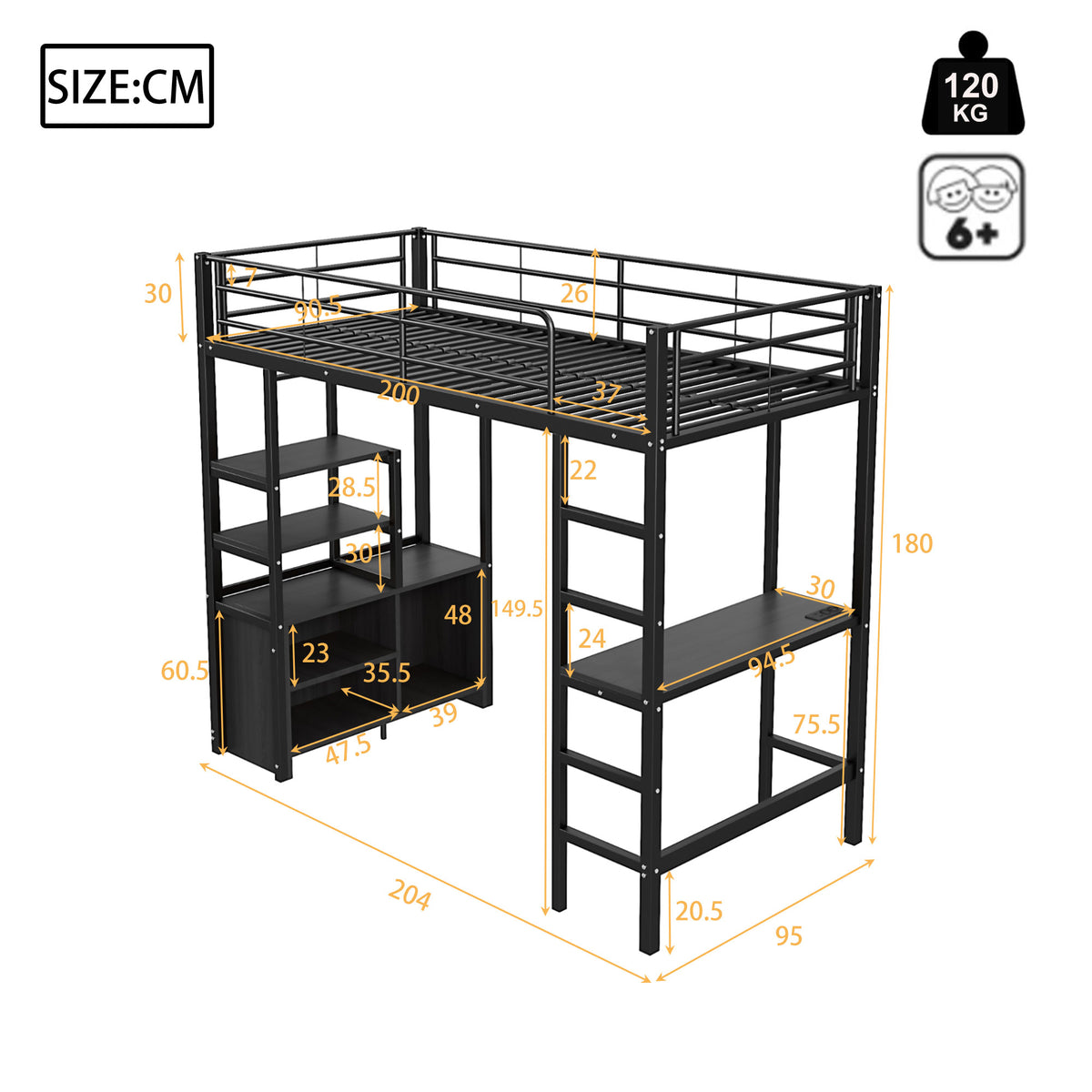 Loft Bed 90x200cm with Desk, Outlets & Shelves, Black Iron