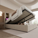 Double Bed, Wireless Charging USB C, Storage, 140x200cm, Wood-Natural Linen