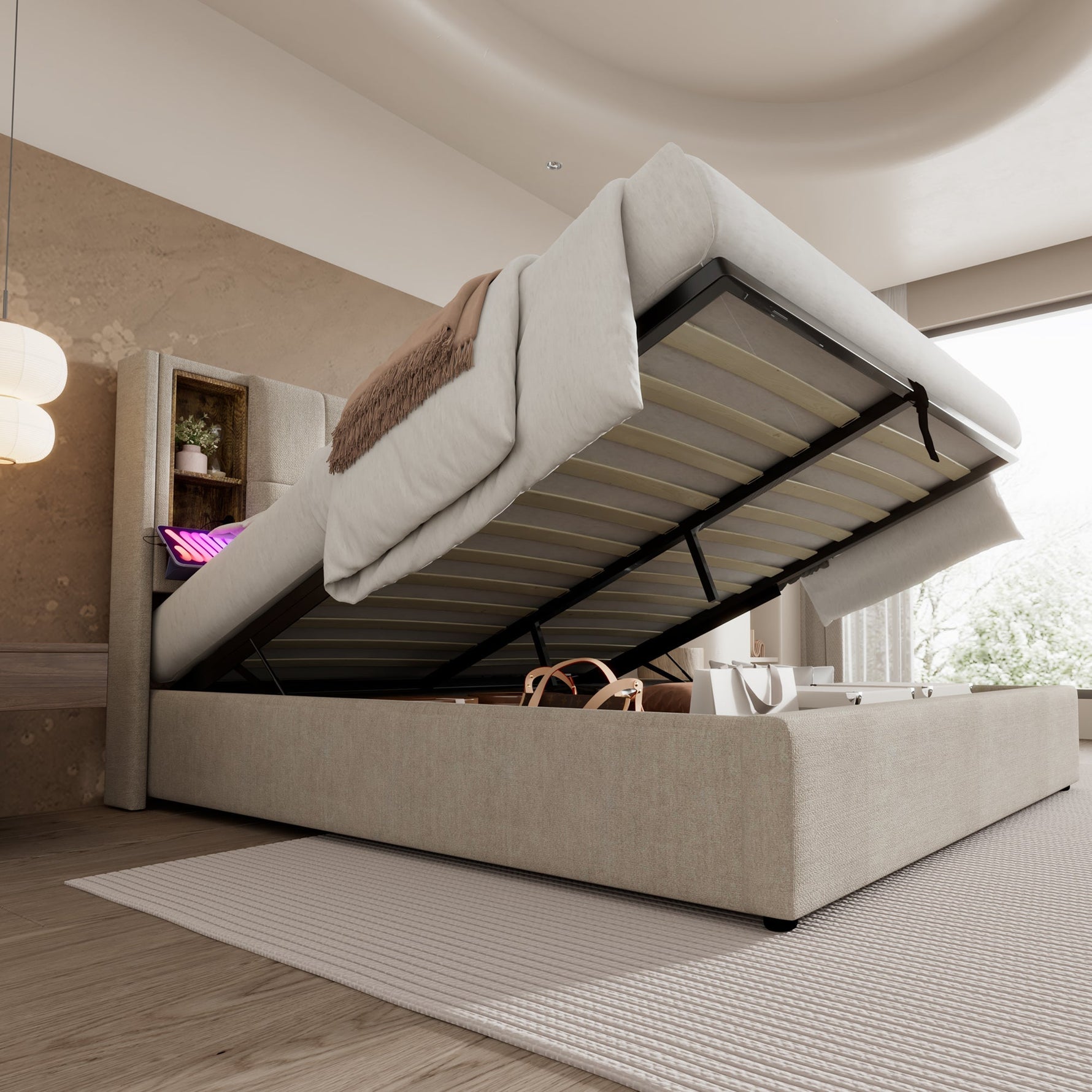 Double Bed, Wireless Charging USB C, Storage, 140x200cm, Wood-Natural Linen