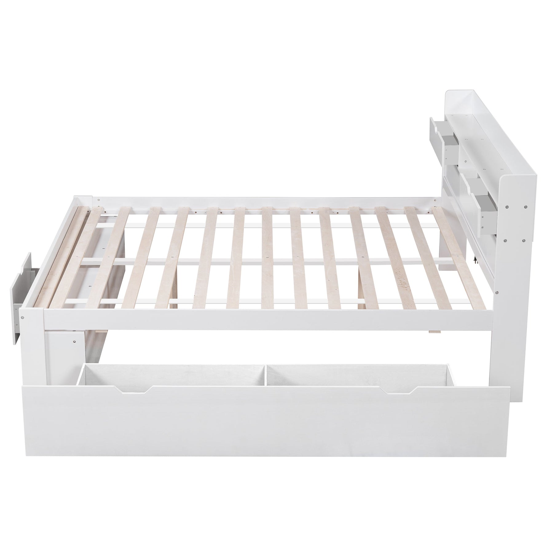 Multifunctional Double Bed with USB Port, Drawers and Storage Cabinet, 160x200cm, White