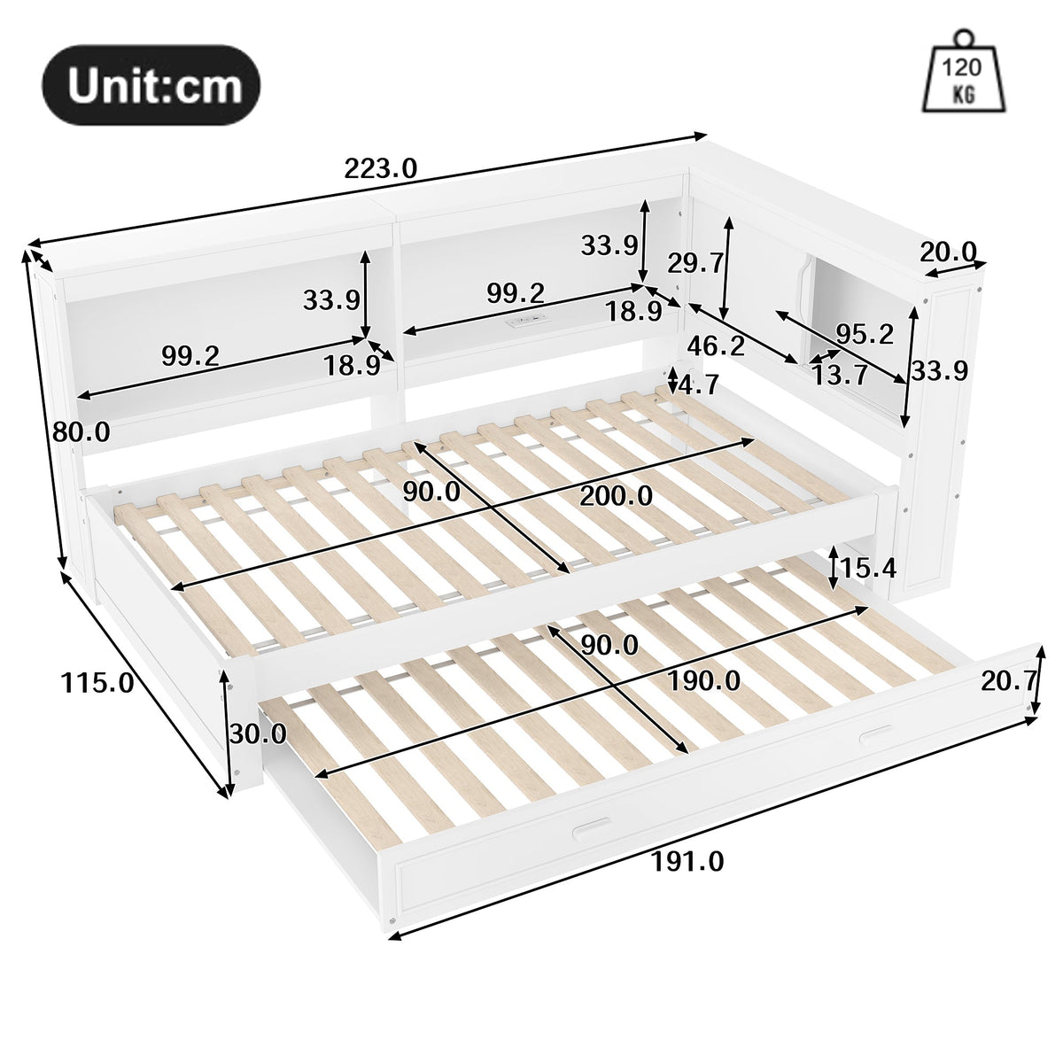 Daybed Sofa Bed, 90x200cm Pull-out LED/USB/Type-C Port, White