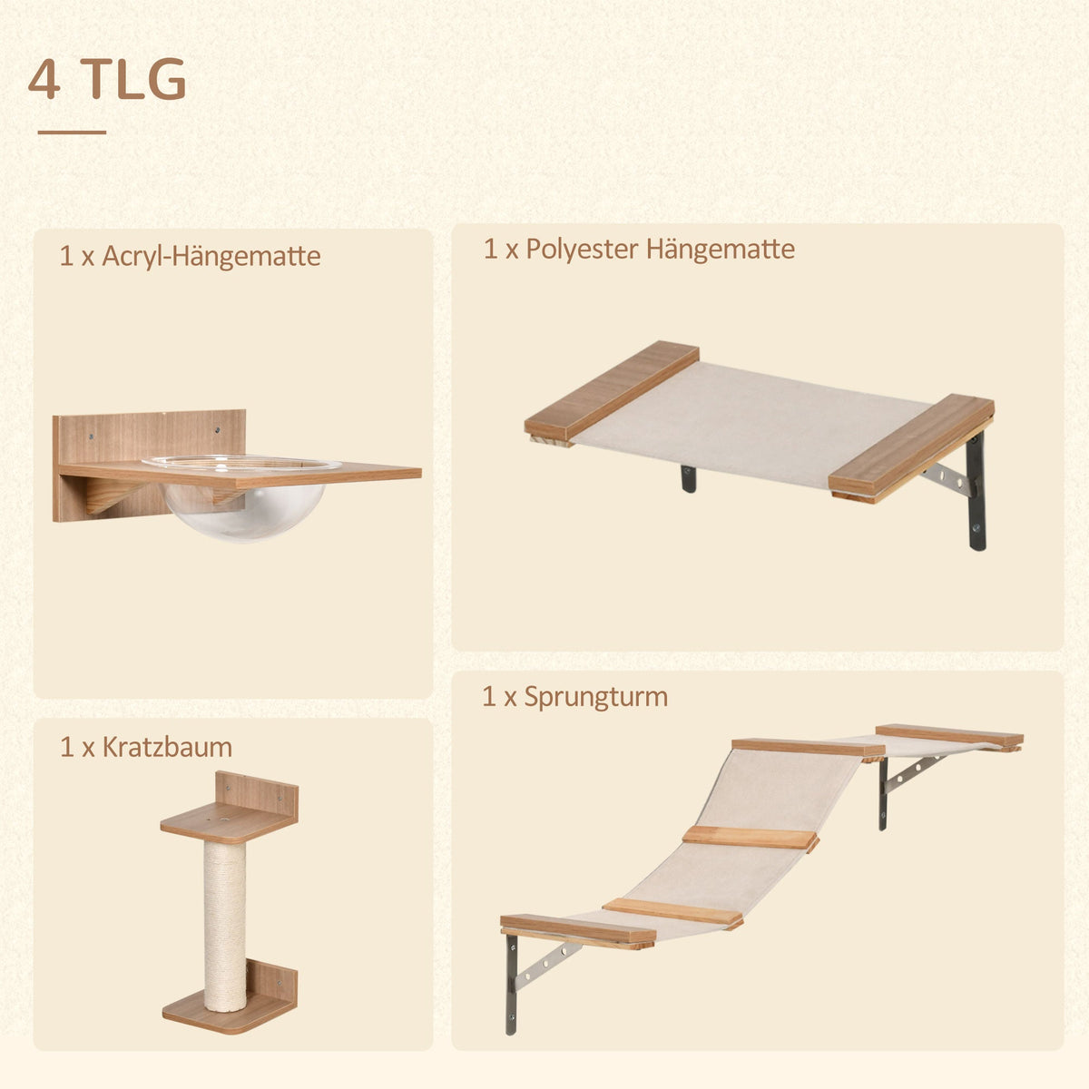 Cat Set with Scratching Post, Stairs & Hammock, Light Brown, Sisal, Acrylic, Pine