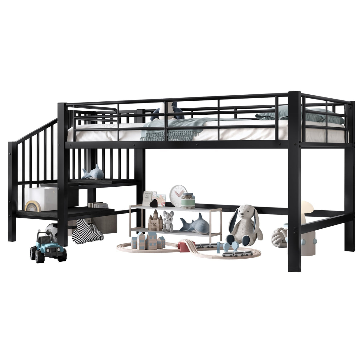 Semi-High Loft Bed 90x200 Storage Stairs Black