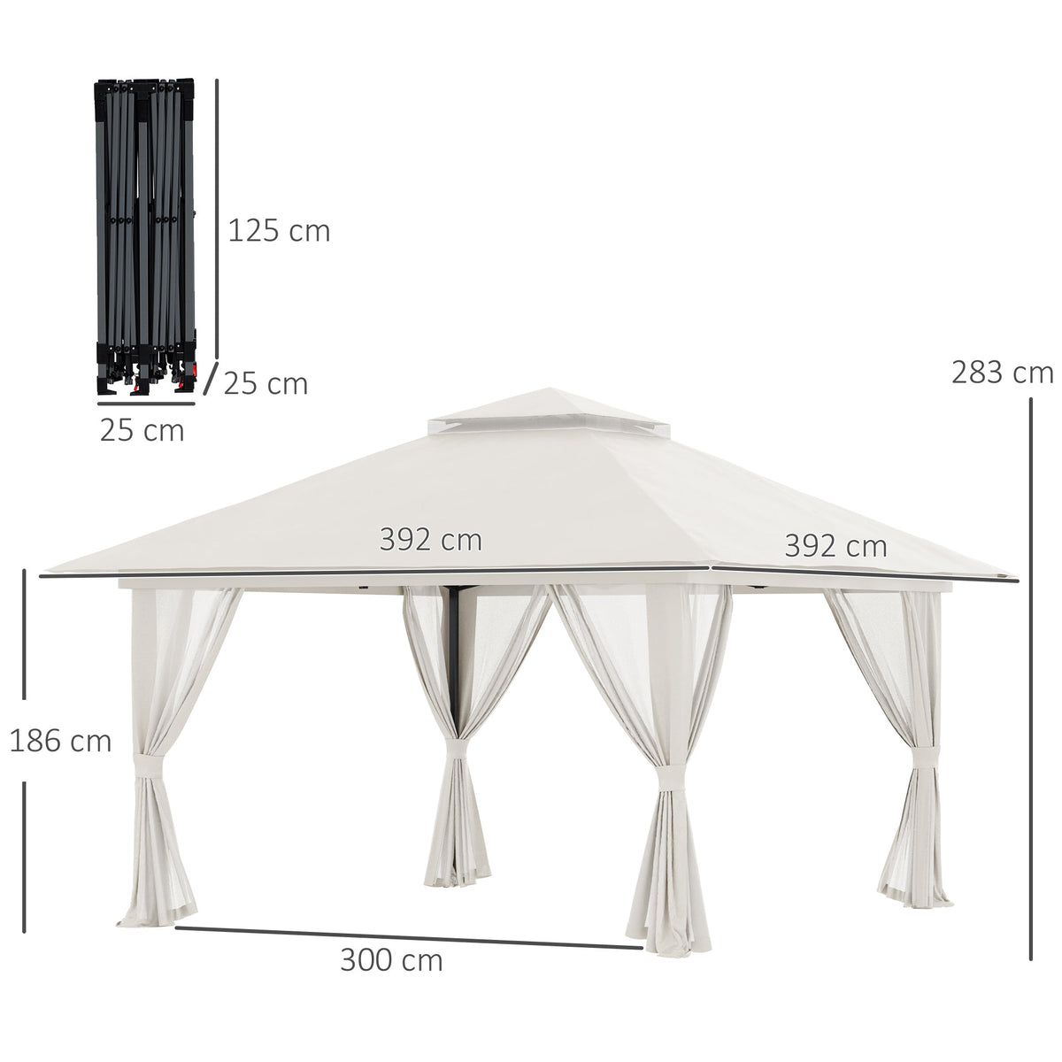 Folding Pavilion 4x4m Mesh Curtains UV Protection Double Roof, Cream White